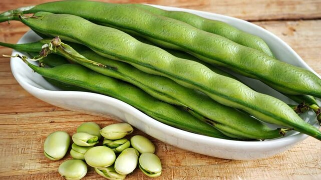 Fresh green beans and shelled fava beans on a rustic wooden table, showcasing healthy produce