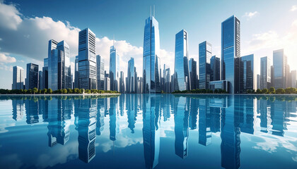 Fototapeta premium Modern Skyscrapers Mirrored in a Calm Water Feature
