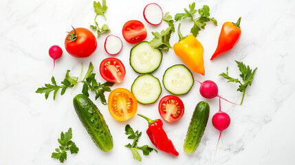 Fresh summer vegetables in circular arrangement: tomatoes, cucumber, peppers, radishes. A vibrant celebration of seasonal produce.