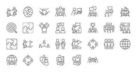 Teamwork icons. Teamwork line icons collection. Help, Brain, Handshake, Discussion, Working, Opinion, Puzzle, Arrow, Destination, Talking, Employee Stroke isolated vector on white background.