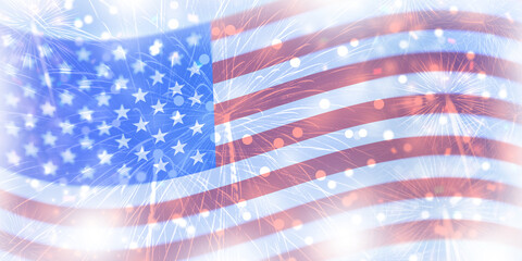 Fototapeta premium United States of America Happy Independence Day Celebration Background with fireworks and Glowing blurred bokeh
