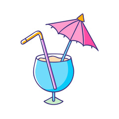 A refreshing blue cocktail with a pink umbrella and two colorful straws