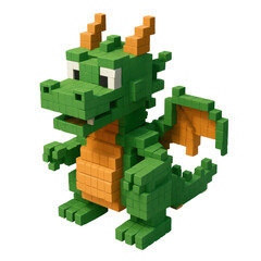 Naklejka premium Vibrant green pixel art dragon with orange details, depicted in a friendly, blocky style. Ideal for digital art, game assets, or fantasy illustrations.