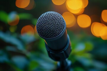 Close-up microphone on the table during a podcast recording session, highlighting digital content creation., Generative AI