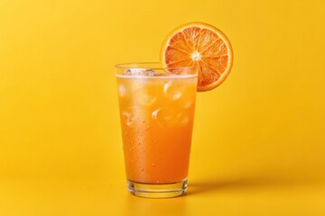 Fototapeta premium Refreshing orange juice cocktail with ice and orange slice on yellow background