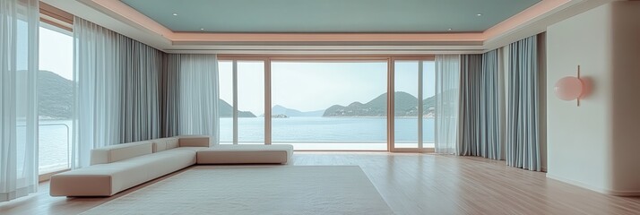 A spacious, modern living area with panoramic water views.