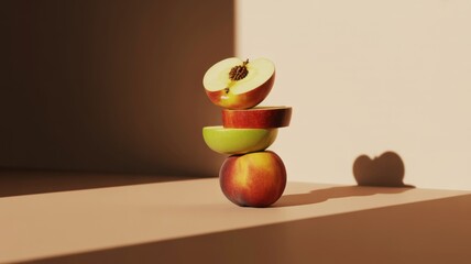 Balancing apples in warm light: halved, whole, and green apples casting shadows