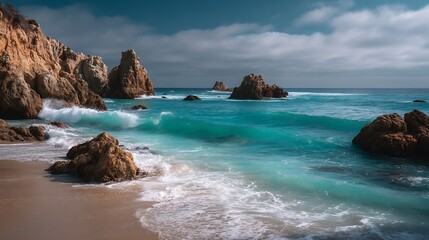 Waves crash onto rock shore