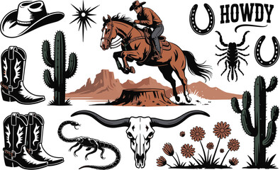 "Wild West Cowboy Vector Set – Rodeo Rider, Western Hat, Boots, Cactus, Skull, Snake, Scorpion, Horseshoe & Mountain Landscape Elements for Vintage Western Design"

