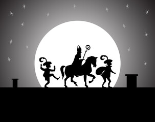 Saint Nicholas and two Black Petes walk on the roof during the night in illustrator