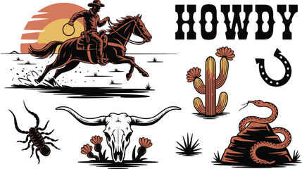 "Wild West Cowboy Vector Set – Rodeo Rider, Western Hat, Boots, Cactus, Skull, Snake, Scorpion, Horseshoe & Mountain Landscape Elements for Vintage Western Design"

