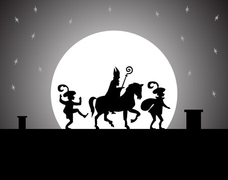 Saint Nicholas and two Black Petes walk on the roof during the night in illustrator