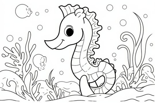 Cute cartoon seahorse coloring page under the sea with ocean life details, thick clear black lines, minimalistic black and white outline for kids