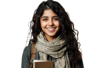 Young woman with curly hair wearing a scarf, holding a book and smiling, showcasing happiness, education, and warmth in a friendly atmosphere