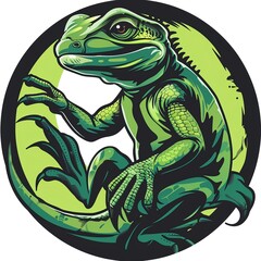 Stylized Green Lizard Illustration in Round Emblem Format