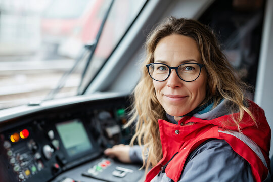Female train driver sitting confidently in drivers seat, looking at camera, 