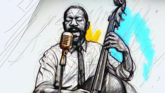 Jazz musician playing bass, jazz flows through pencil sketched lines, abstract cartoon drawing of jazzman with bright abstract strokes