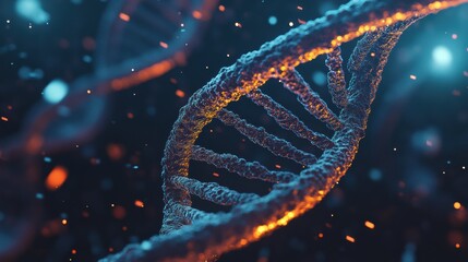 Close-up of glowing DNA double helix in blue tones on dark background, symbolizing genetics science.