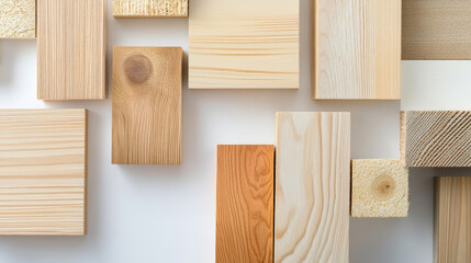 Naklejka premium Various wooden blocks and textured wood pieces arranged in a pattern. Natural materials showcase diverse grains and colors.