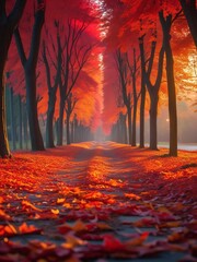 Avenue of Fiery Autumn Leaves Trees Lining a Path Sunlit Glow