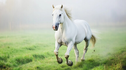 Obraz premium White horse galloping across a field, embodying freedom and wild spirit