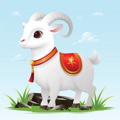 Chinese New Year 2027, Cute White Goat 3D cartoon vector, standing on the rock with green grass. Translation : Goat