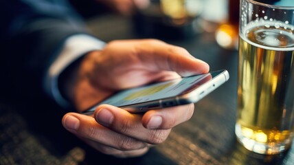Adult male using smartphone at bar with beer glass on table