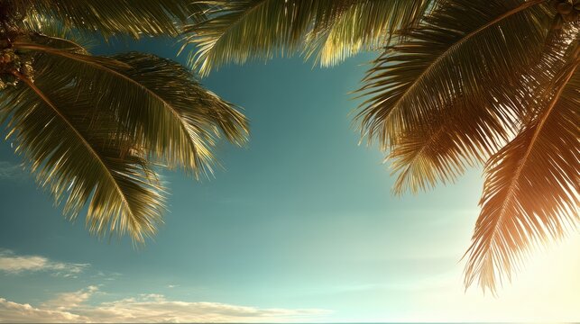 tropical summer postcard with palm leaves, exotic flowers, and a bright blue sky, space for text