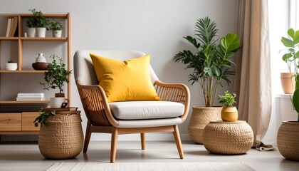 Modern living room with wicker chair and plants
