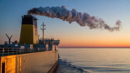 Cargo ship at sunset with smokestack emissions on calm sea