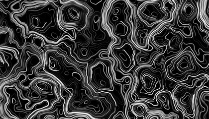 Seamless pattern inspired by physical geography and terrain relief. Abstract black and white topographic map illustration in vector style.