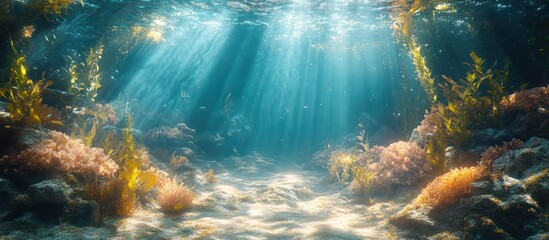 Obraz premium Deep blue tropical ocean scene with fish and coral reef