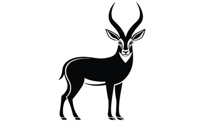 Stylized black and white graphic illustration of a sable antelope with large curved horns standing gracefully on a white background