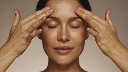 Young caucasian female performing facial massage skincare routine