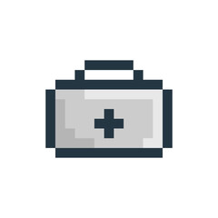 First aid box pixelated icon. Medical icon in pixel art style. Isolated vector illustration 