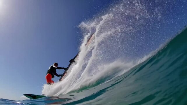 Dynamic low-angle shot of a windsurfer carving through waves under a clear sky, capturing the action and excitement typical of a sports video.