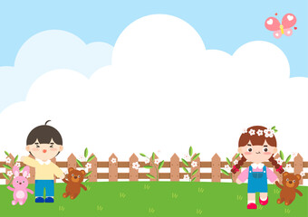 귀여운 소년, 소녀가 예쁜 꽃이 활짝 핀 정원에 서 있는 모습의 배경 일러스트 디자인. 벡터 일러스트레이션.