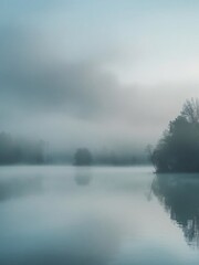 Fototapeta premium Ethereal Landscape of a Quiet Lake Shrouded in Mysterious Foggy Morning Light