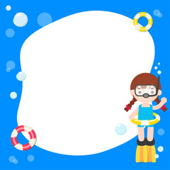 물놀이를 즐기는 소녀의 바닷 속 일러스트. 메모지 배경 일러스트 디자인. 벡터 일러스트레이션.