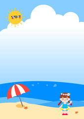 신나는 여름방학의 바닷가 해수욕장 피서를 즐기는 소녀 캐릭터 일러스트. 배경 일러스트 디자인. 벡터 일러스트레이션.