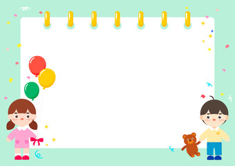 귀여운 소년과 소녀가 그려진 스프링 노트 배경 일러스트 디자인. 벡터 일러스트레이션.