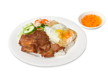 Cơm Tấm Sườn Bì Chả. Vietnamese Broken Rice is served with grilled pork. Com tam suon bi cha. Broken rice with grilled pork chop, meatloaf and shredded pork skin. Vietnamese combination broken rice. 