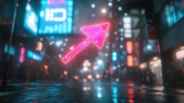 Glowing neon arrow pointing upward in a futuristic digital cityscape, progress and technology 