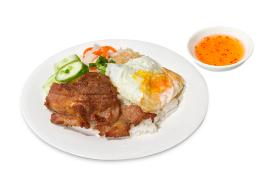 Cơm Tấm Sườn Bì Chả. Vietnamese Broken Rice is served with grilled pork. Com tam suon bi cha. Broken rice with grilled pork chop, meatloaf and shredded pork skin. Vietnamese combination broken rice. 