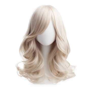 Blonde wig with long, curly hair is displayed on a white background