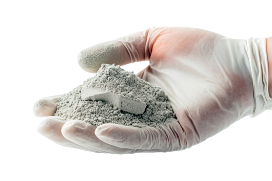 Hand holding gray powder in a glove, Isolated on transparent Background.