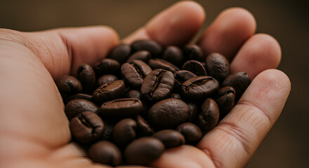 Close-Up of Hand Holding Roasted Coffee Beans in Natural Light