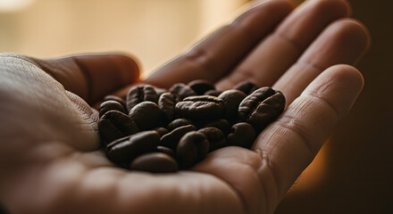 Close-Up of Hand Holding Roasted Coffee Beans in Natural Light