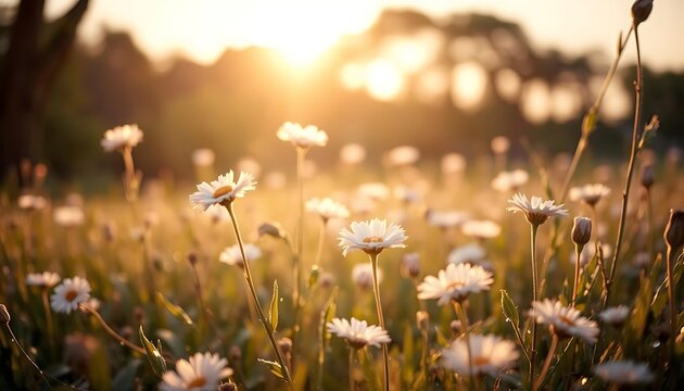 Golden Hour Daisies in Bloom – Sunlit Wildflower Meadow - Powered by Adobe