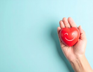 Fototapeta premium Smiling red heart in palm, light blue vintage background with copy space for message.